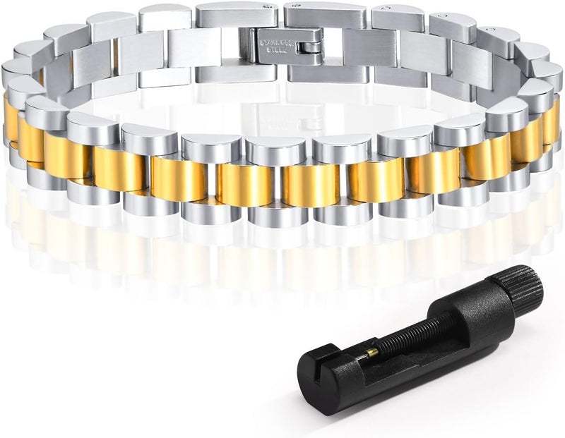 MPRAINBOW 2pcs 18K Gold Plated Chain Link Bracelet, Stainless Steel Crystal Friendship Bracelets Bangle,Watch Band Chains Wristband Jewelry with Adjust Tool - Image 1